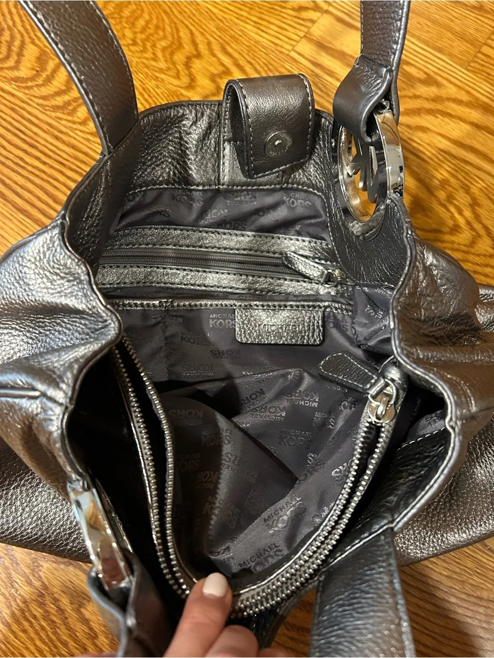 Michael Kors Metallic Pewter Shoulder Bag with MK Charm